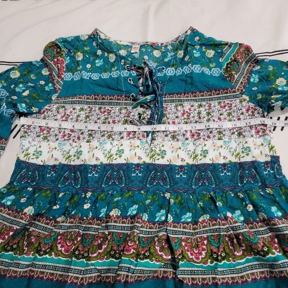 Mokingtop Women's Bohemian Floral  V-neck tied up 3/4 Bell Sleeve Dress M - Picture 6 of 11